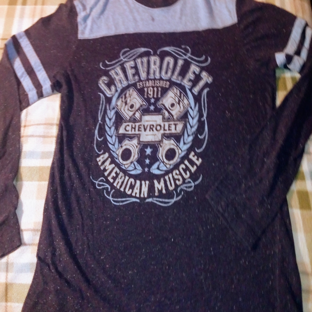 Unisex Ringer T Shirt Blue Color Block GM Chevrolet Graphics Sz M 38-40 Longslv.